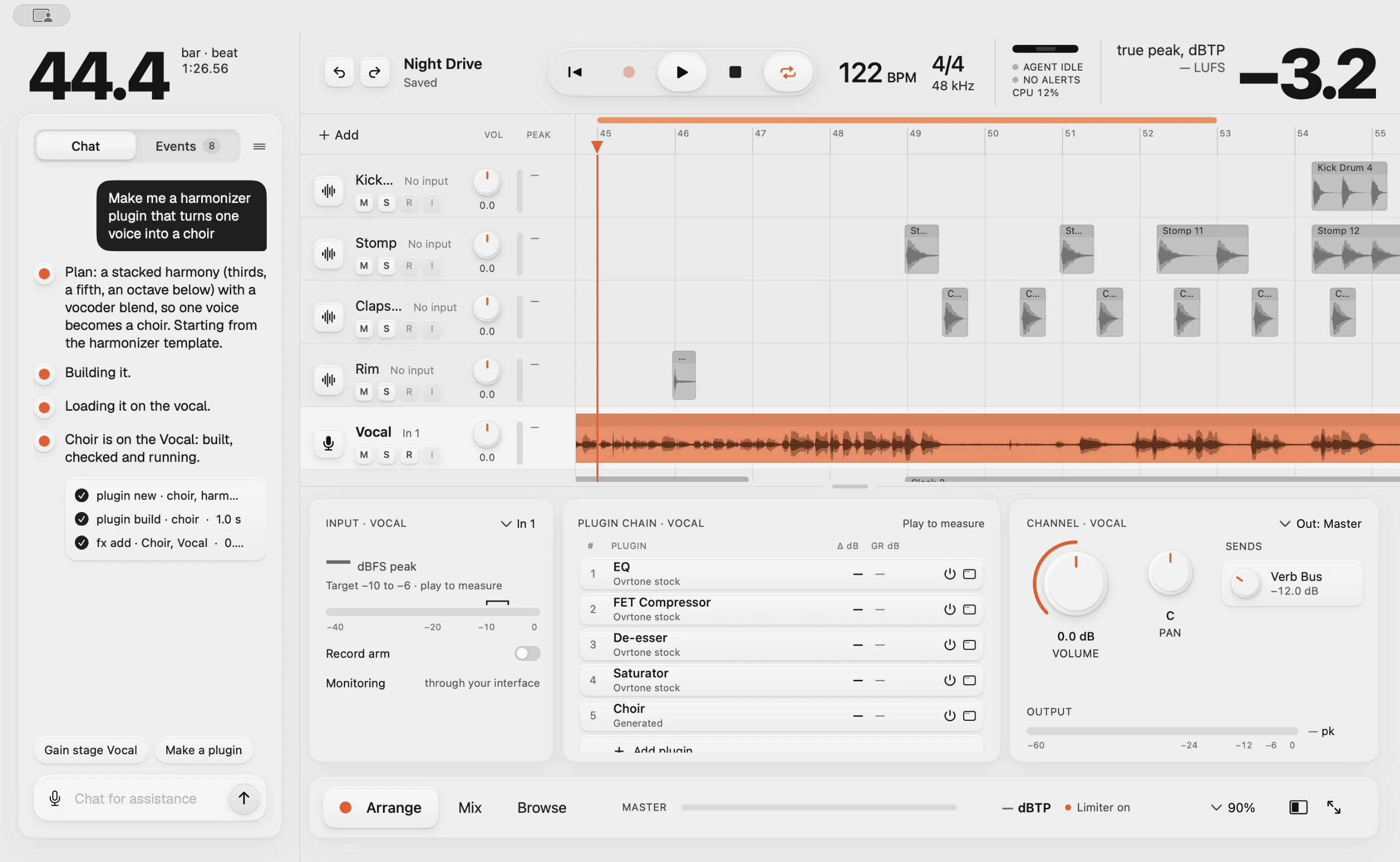Ovrtone's window: the transport, the tracks and timeline, the inspector and the engineer's chat
