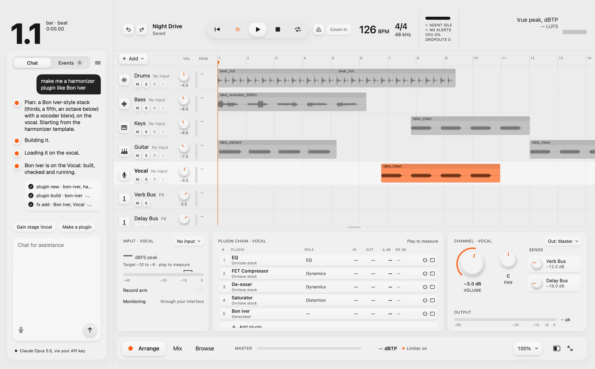 Ovrtone's window: the agent's chat has built a Bon Iver-style harmonizer and loaded it on the Vocal track, fifth in its plugin chain
